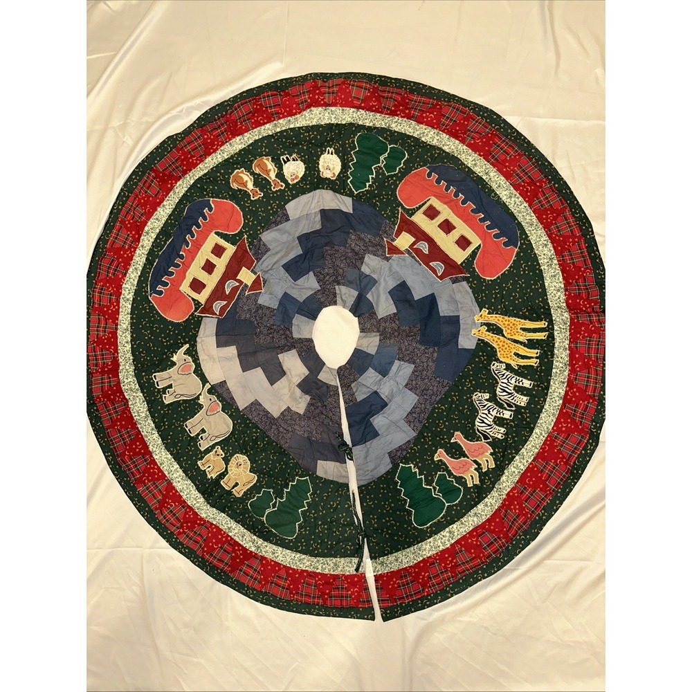 Noahs Ark Quilted Christmas Tree Skirt VTG Burgundy Forest Green 46"